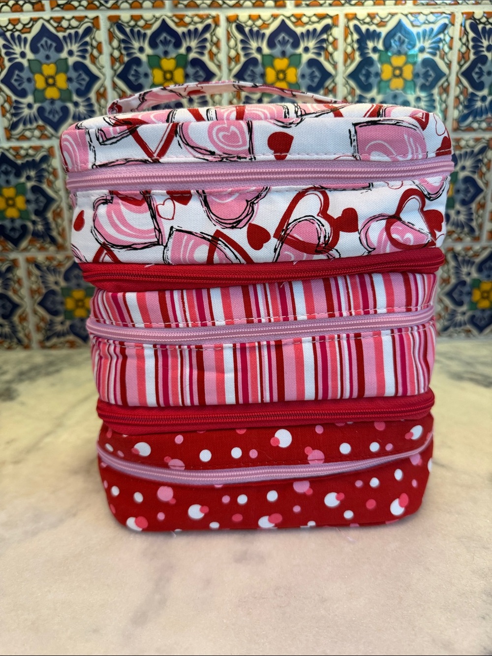 Pink & Red Heart and Stripe Cosmetic Organizer Set